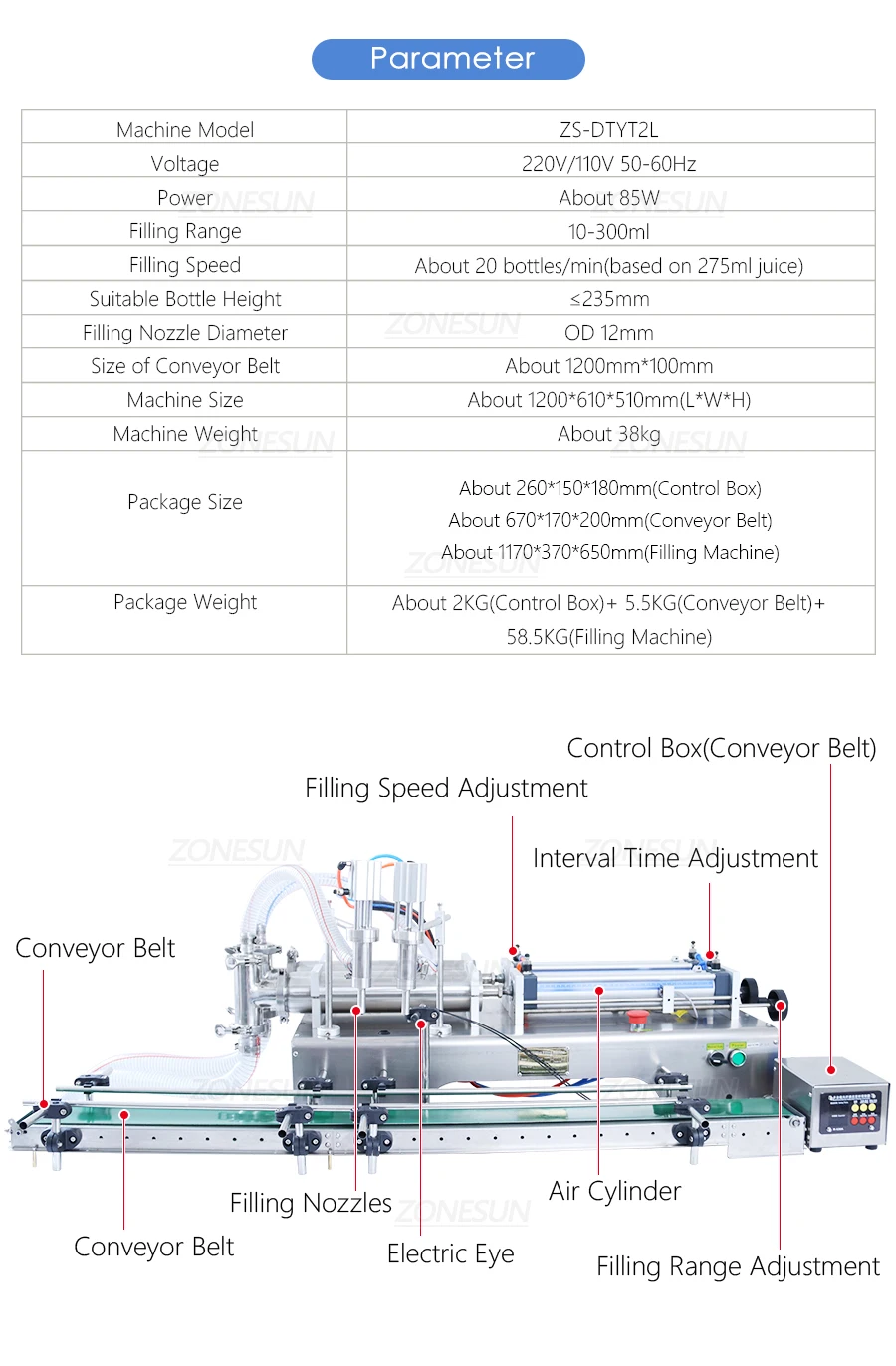 ZONESUN ZS-DTYT2L Pneumatic 2 Nozzles Piston Liquid Filling Machine With Conveyor Belt