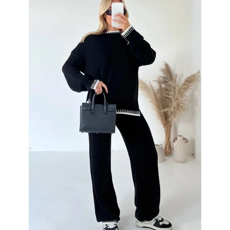 Striped Elegant Women Knitted Suit Split Sweater Top and Elastic High Waist Straight Pants 2 Pieces Set Female Autumn Winter