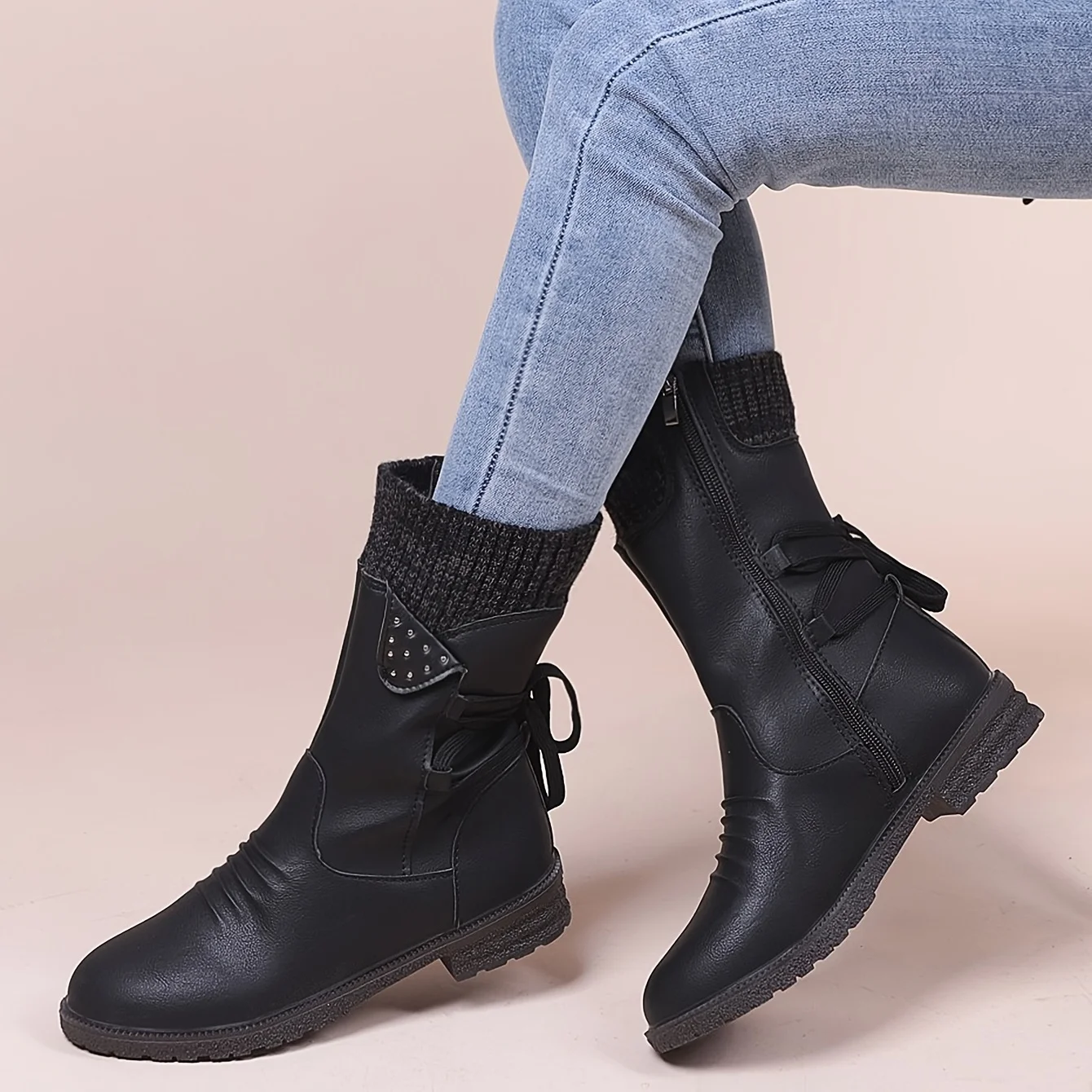 

Women's Knitted & Faux Leather Panel Design Boots, Tie Back Side Zip Boots, Women's Footwear
