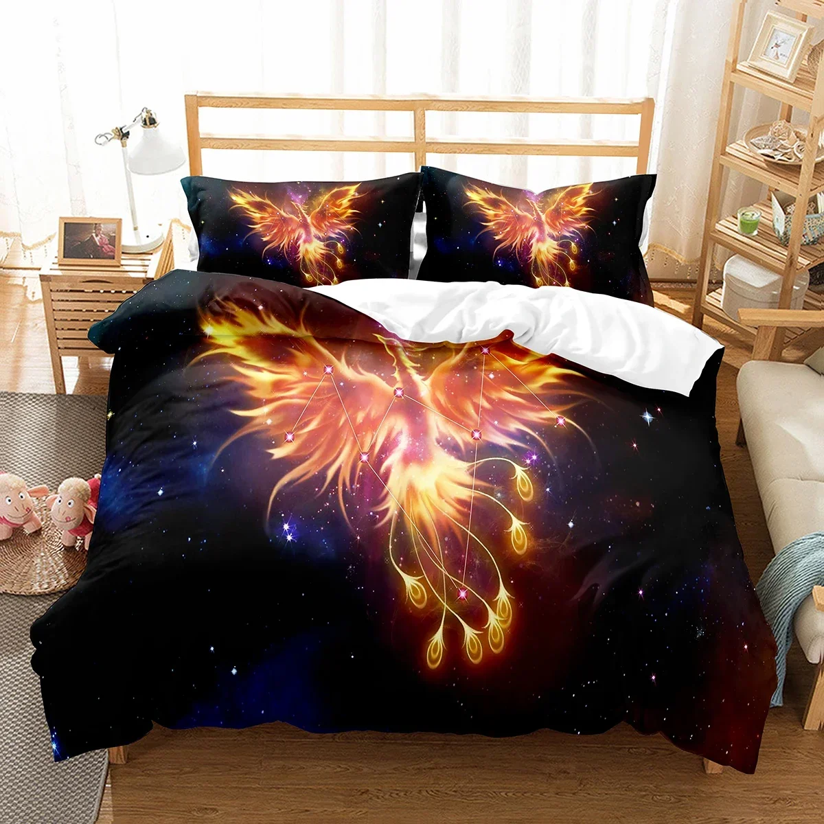 Phoenix Duvet Cover Set King Queen Size for Kids Boy Girls Bedding Set Yellow Animals Pattern Polyester Quilt Cover with Zipper