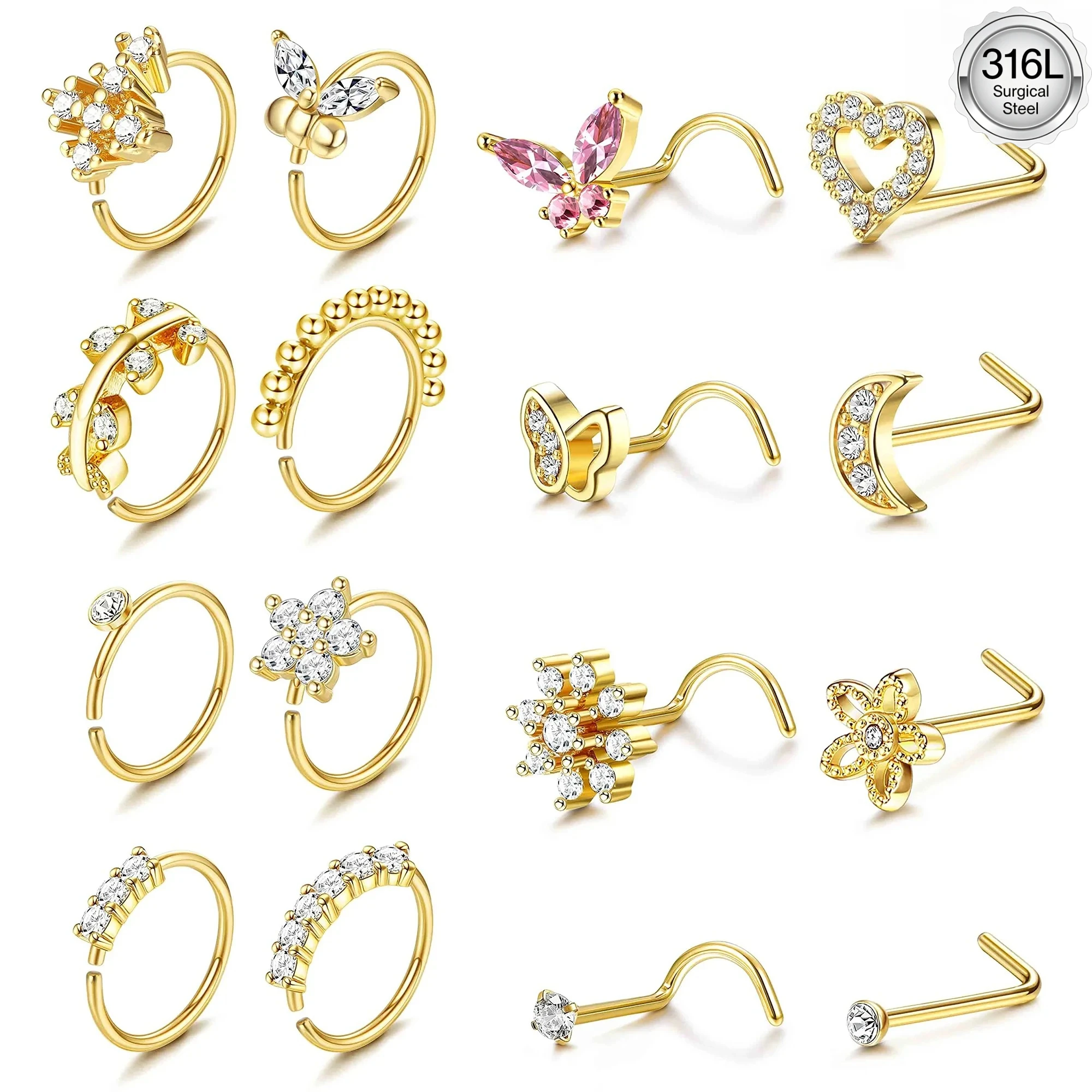Drperfect Nasenringe Ohrstecker für Frauen Chirurgenstahl 20G Nasenring Korkenzieher L-förmiger Nasenstecker Nasenring Nasenpiercing-Schmuck