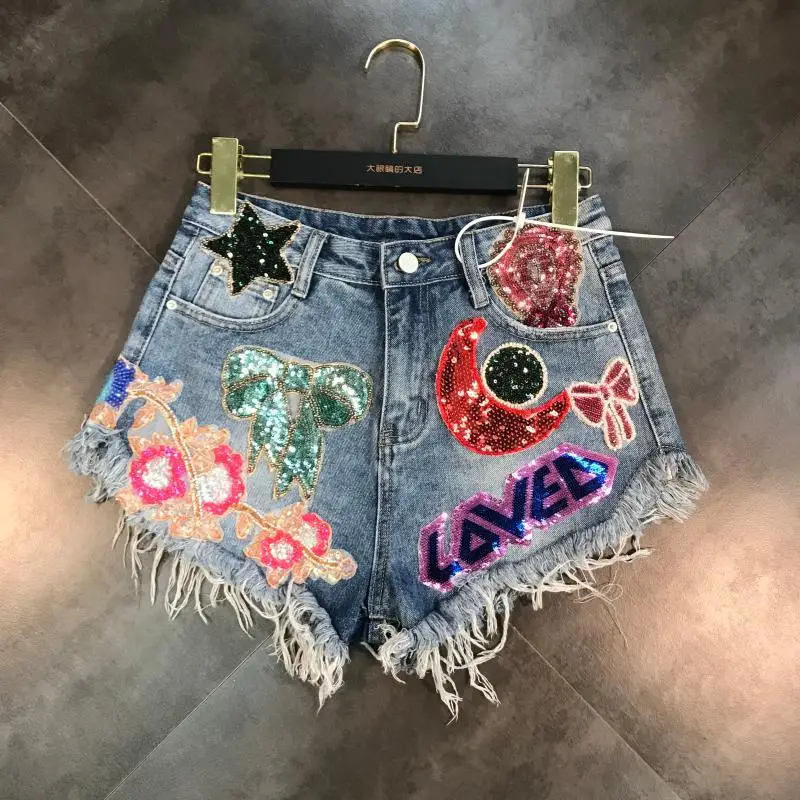 

Women's jeans Sequin, embroidered, fringe patch, original, stylish, for women, new to, street wear girls in sexy short shorts