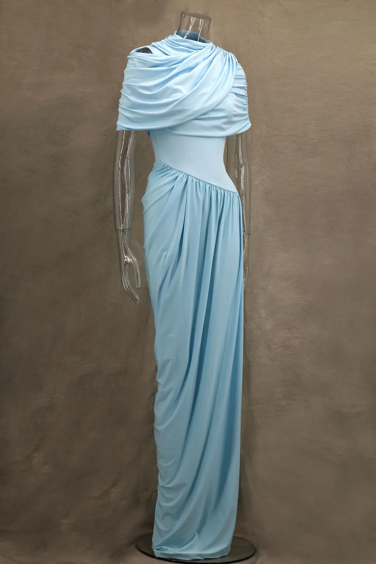 Elegant Shawl Ruched Asymmetrical Maxi Women Dress Summer Light Blue Slim Light Blue Party Dress Female Chic Evening Prom Gowns - AliExpress 200000345