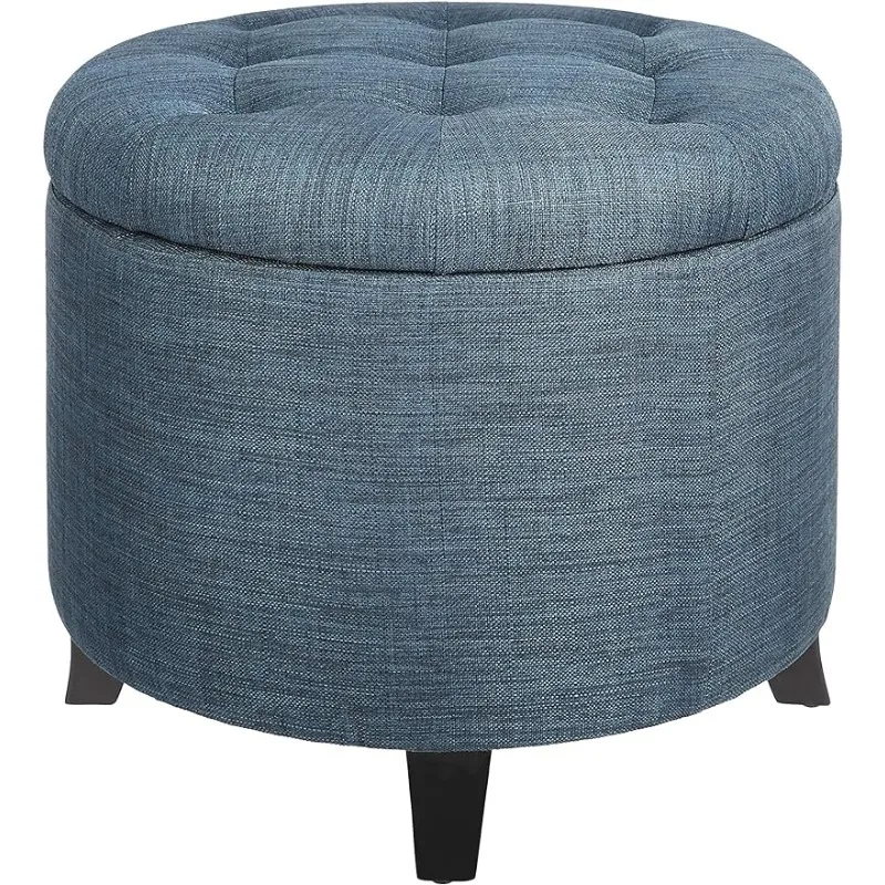 

FIRST HILL FHW Round Storage Ottoman with Removable Lid Blue Fabric Storage Bench Stool Chair