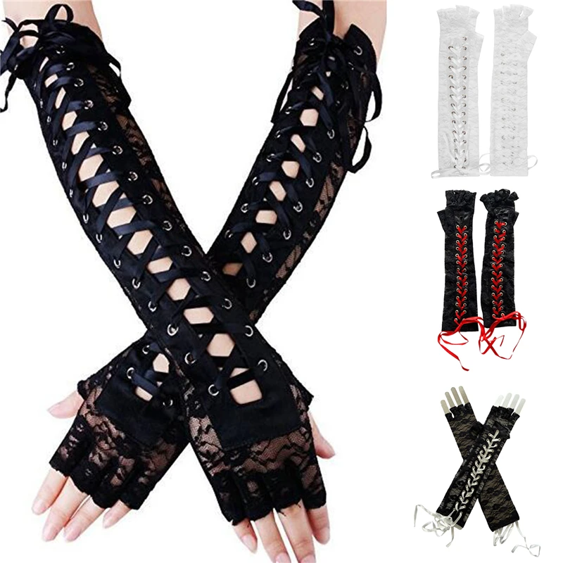 

Sexy Lace Long Gloves Winter Elbow Length Half-finger Gloves Ribbon Fingerless Fishnet Mesh Etiquette Party Gloves