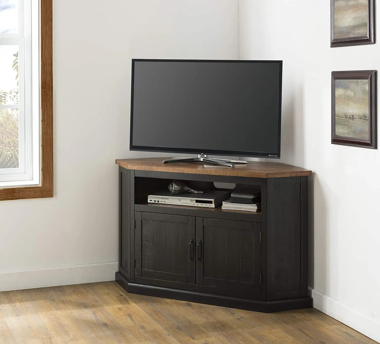 Rustic Corner TV Stand, Antique Black and Honey Tobacco 4