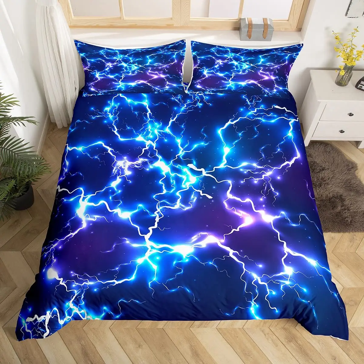 

Game Flash Duvet Cover Full,Neon Blue Lightning Strike Bedding Set 3pcs,Fashion Shiny Comforter Cover Gaming Cool Quilt Cover