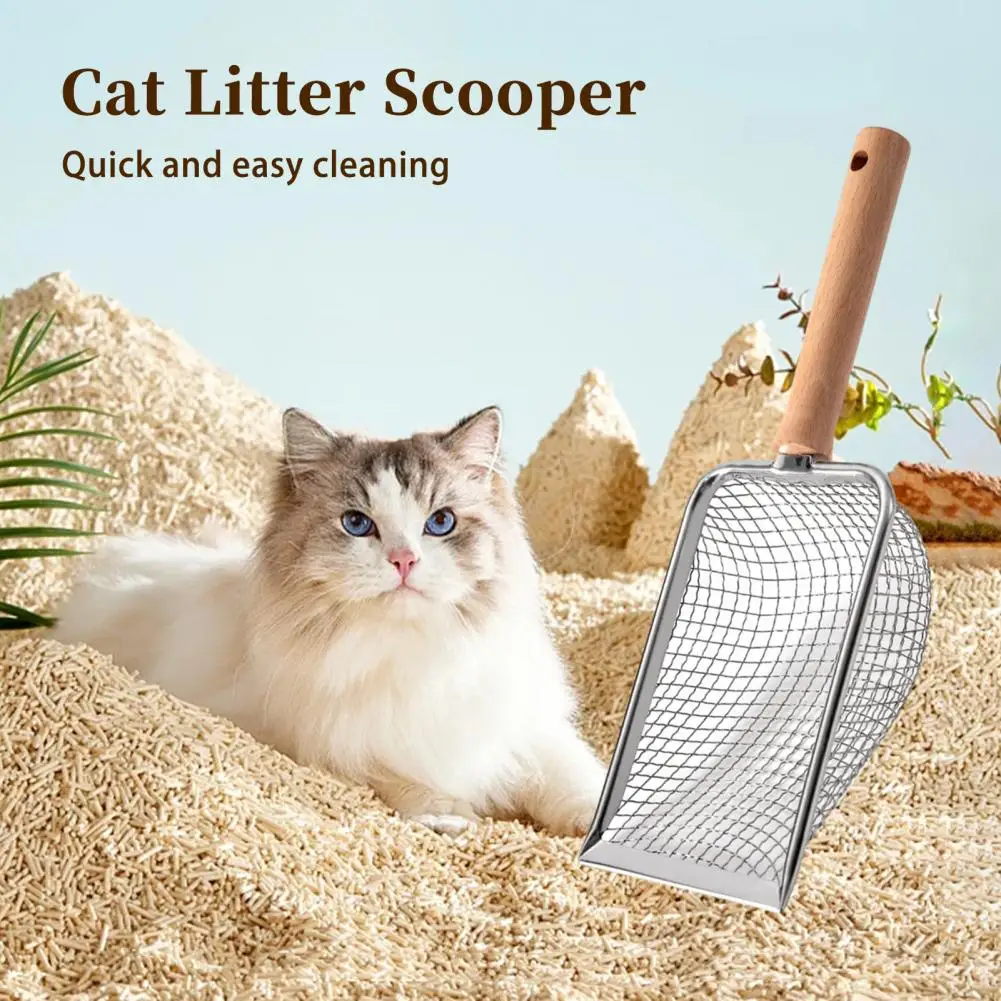 

Cat Litter Scooper With Ergonomic Wooden Handle Reusable Hollow Mesh Design Multifunctional Pet Poops Shovel Cleaning Tool