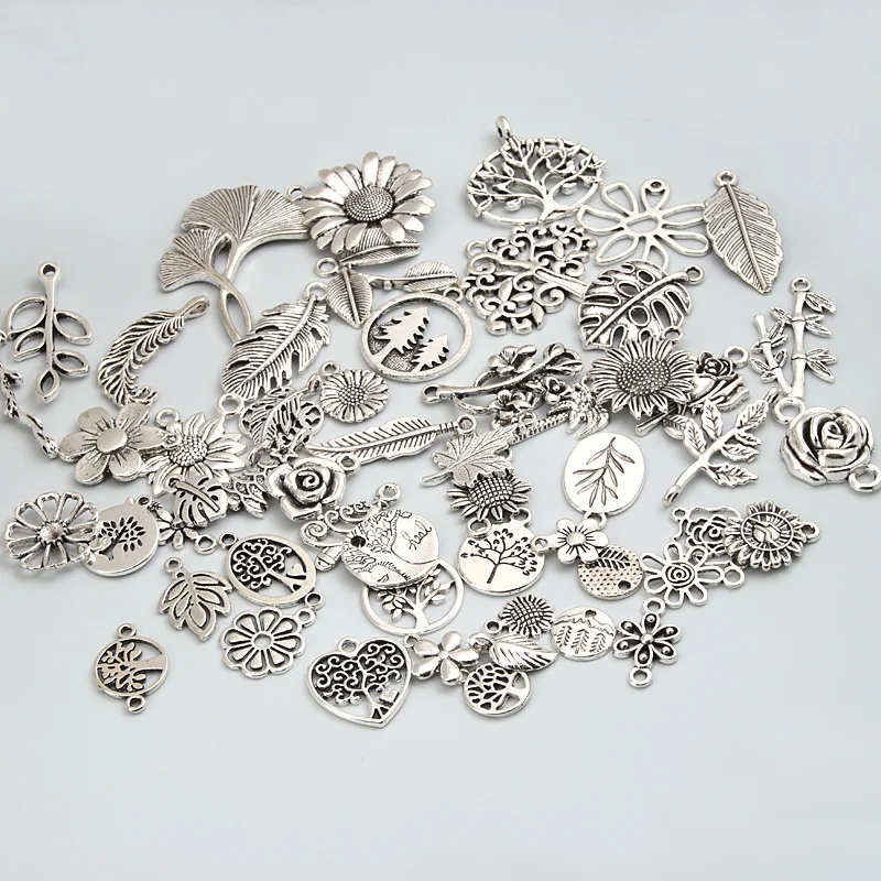30pcs Random Mix Silver Color Tree Flower Leaf Charms Plants Nature Pendant Jewelry Making DIY Handmade Craft Accessories