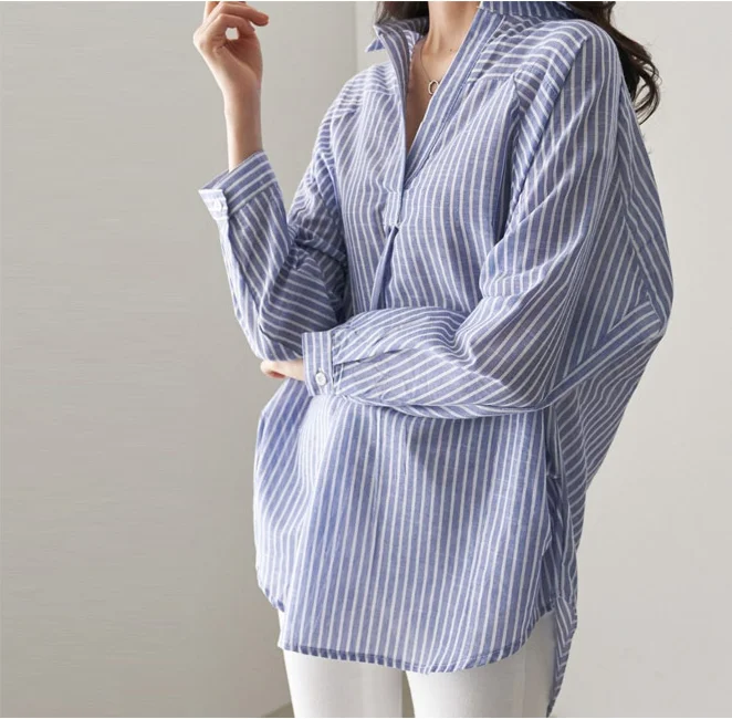 

L-4XL Female Spring Shirts Long Sleeve V-neck High Low Irregular Women's Loose Blouses Casual Boys' Friend Striped Shirt