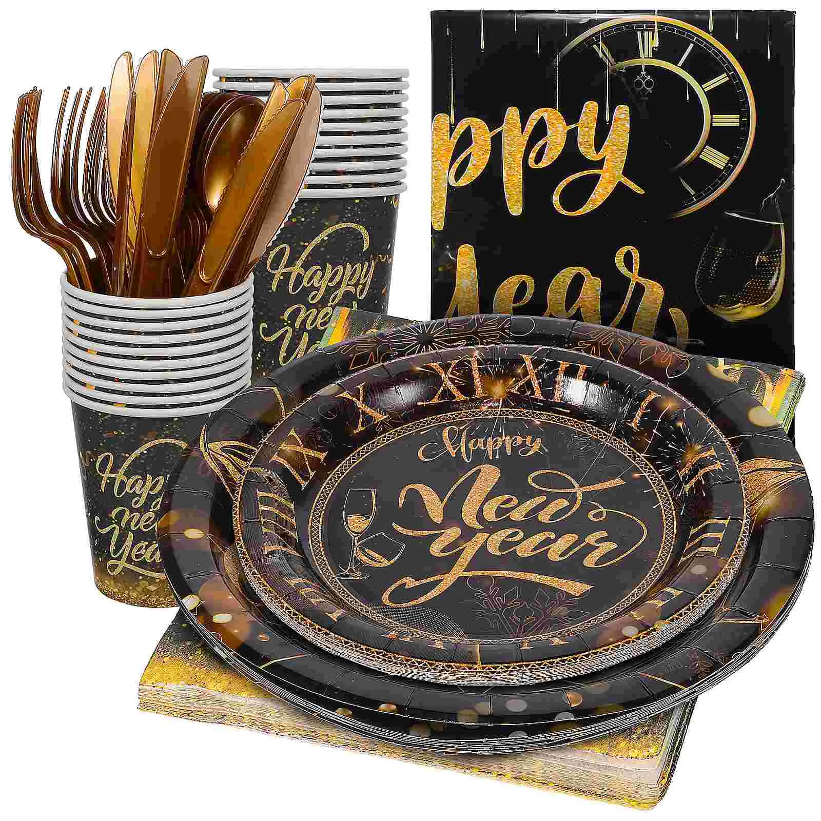 

New Year Black Gold Paper Cups Tissue Tableware Party Supplies Disposable Plates Birthday