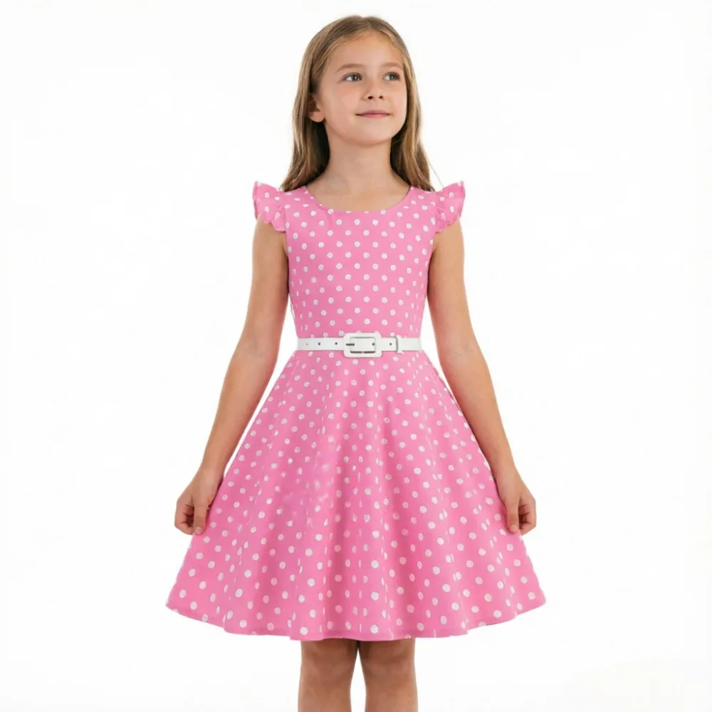 Girls' Vintage Dresses Fashion 50s 60s Polka Dot Print Sleeveless Long Dress With Belt Princess Dress Summer Children Clothes - 2