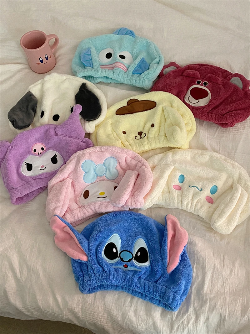 Description Picture 2 of itemSanrio Lovely Hair Towel Kuromi My Melody Pochacco Stitch Dry hair cap Cartoon Anime Coral Fleece Quick-Dry Bathroom
