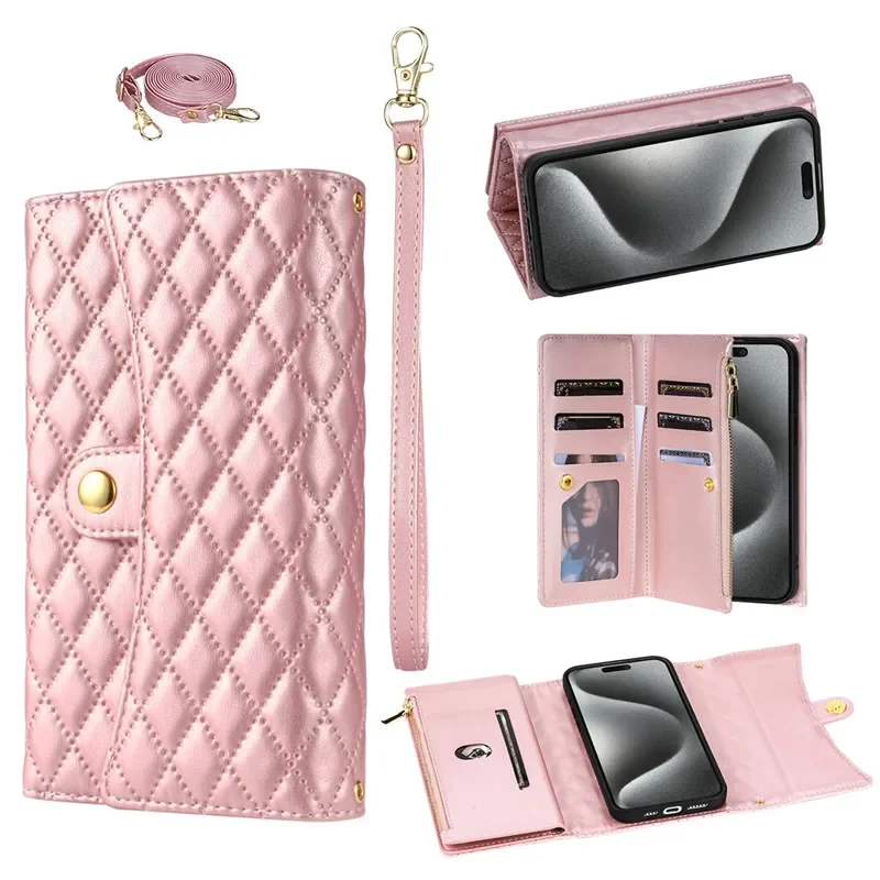 Versatile Crossbody Lanyard Leather Zipper Wallet Phone Case with Wrist Rope Cover