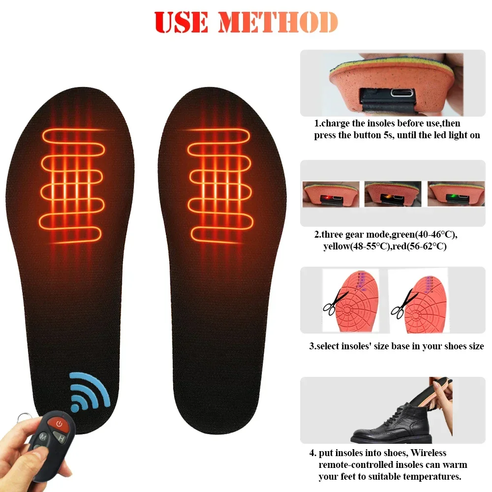 2000mAh Remote Control Heating Insole with Rechargeable Battery Heated Insoles Winter Shoes Pads For Ski Hunting Size-EUR35-46#