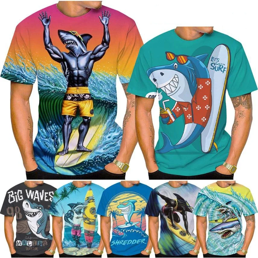 Shark Print T Shirt Summer Letter Print Camouflage Short Sleeve T-Shirt