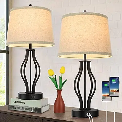 

Touch Control Table Lamps with 2 USB Ports for Living Room Set of 2, 3-Way Dimmable Bedside Lamps with White Shades & Clear Pap