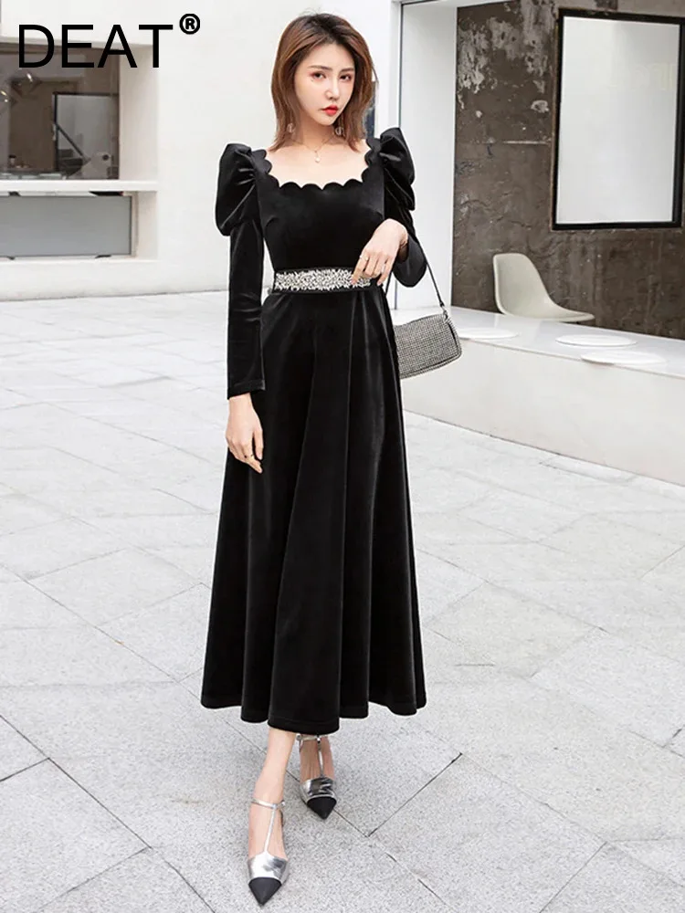 

DEAT Women's Fashion Evening Dress Diamond Embedded High Waist Square Collar Velvet Elegant Dresses Spring 2024 New 13DB5006