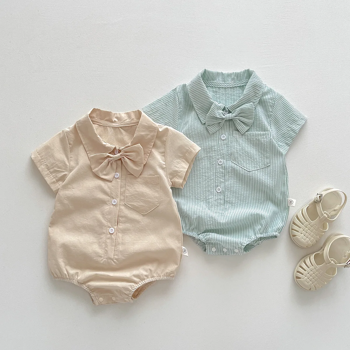 

Summer Baby Clothes Boys Short Sleeve Bodysuit 2023 Korean Infant Boy Gentleman Bow Tie Shirt Toddler Boy Birthday Party Jumpsut