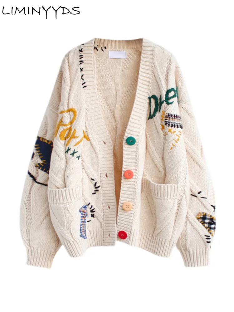 

2023 Spring Women's Sweater Warm Knitted Sweater Jacket Loose Pocket Embroidery Fashion Knit Cardigan Jacket Ladies Jacket