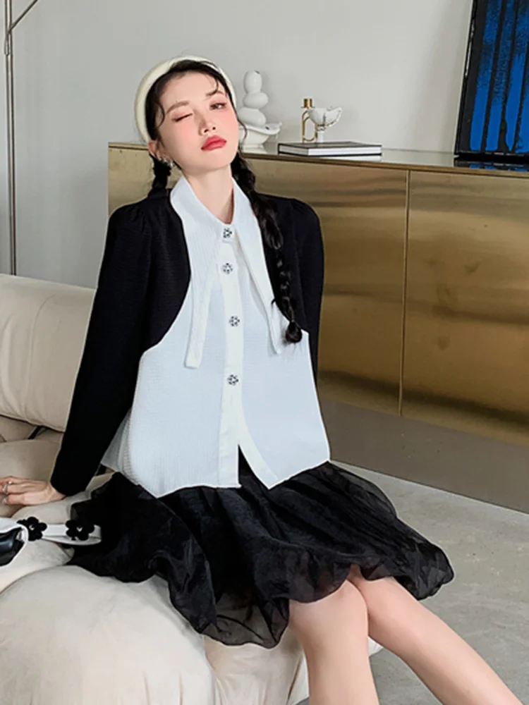 

Spliced Women Shirt Lapel Puff Sleeves Single Breasted Color Block Patchwork Tops Female Clothing 2023 New M429