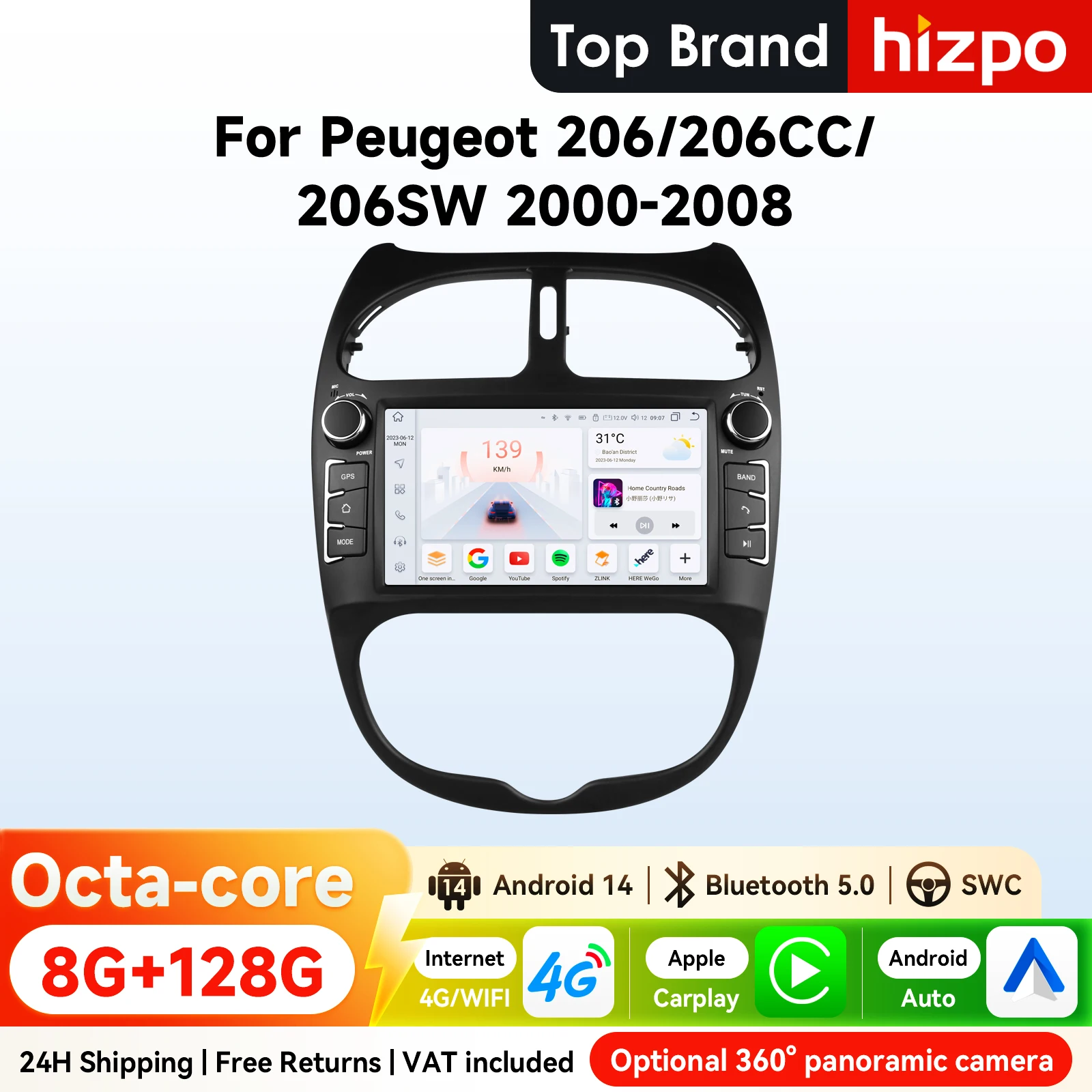 Autoradio Android Hizpo de 7 pulgadas para Peugeot 206 206CC 206SW 2000 - 2008 4G BT Auto CarPlay RDS DSP navegación GPS UIS7862 Multimedia 1