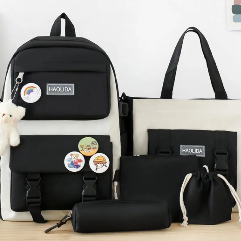 Canvas Backpack Women's Korean Version Large Capacity Five-Piece Set Students Backpack