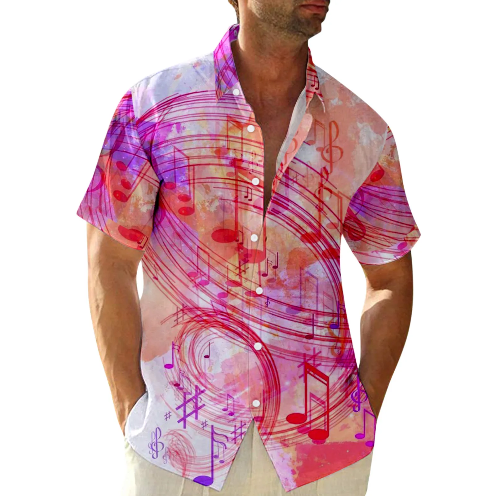 

Male Shirt Short Sleeve Music Print Tunic Summer Hawaii Lapel Neck Button Shirt Casual Vacation Travel Beach Male Clothing