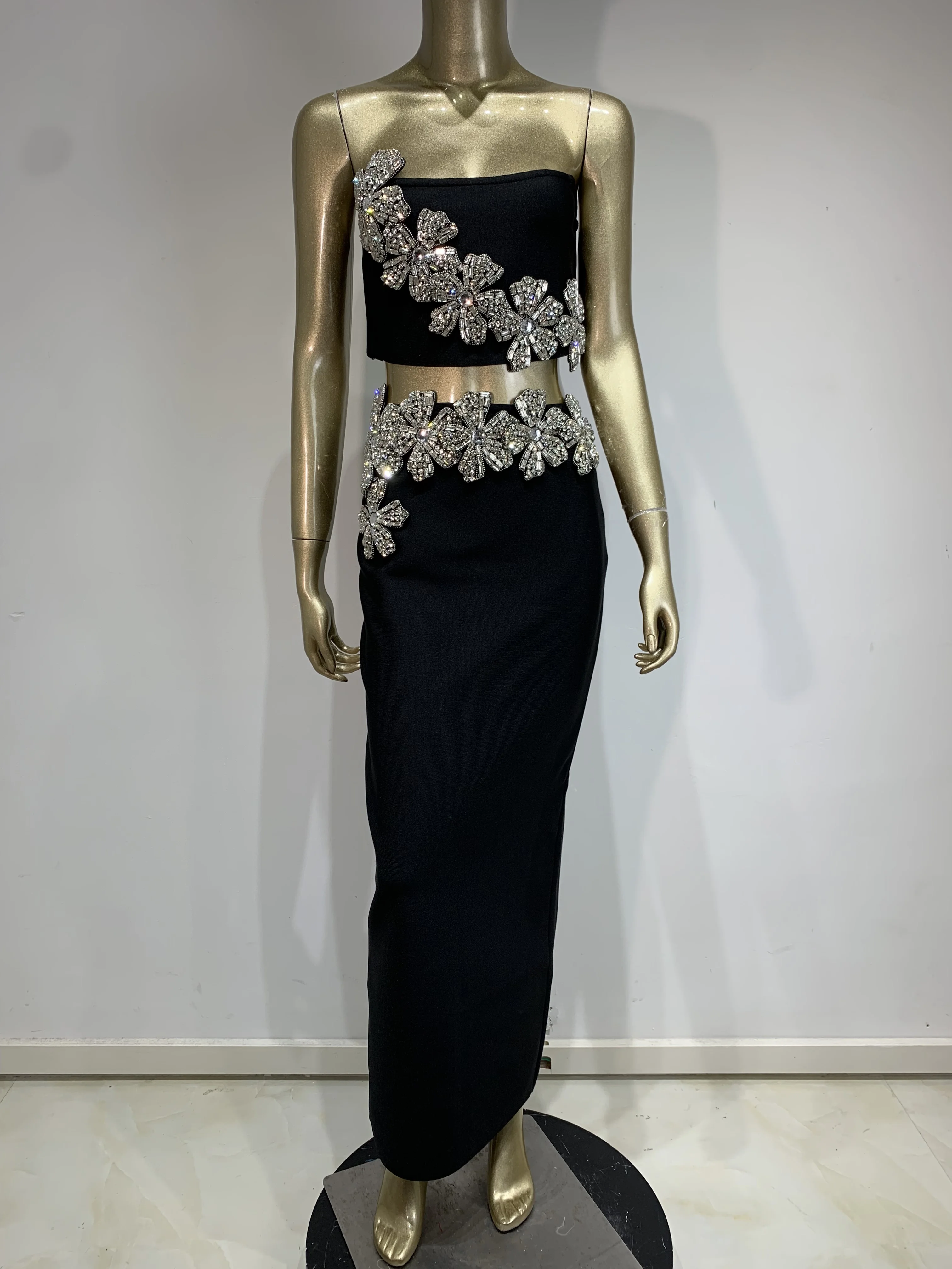Women Sexy Strapless Flower Diamonds Crystal Black Maxi Long Bandage Skirt Set 2024 Knitted Elegant Evening Club Party Clothing 6