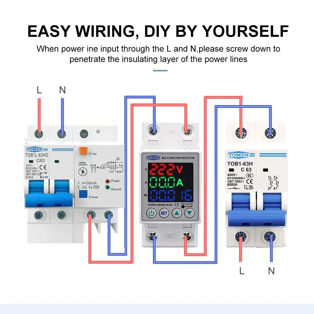 63A 230V 3IN1 Display Din Rail Adjustable Over And Under Voltage Protective Device Protector Relay Over Current Protection