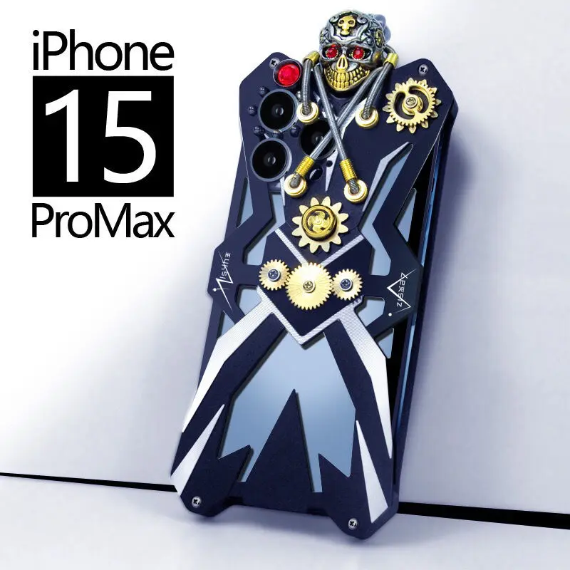 

Luxury Armor Metal Aluminum Phone Cases For iPhone 15 14 13 12 Pro Max 15 Promax Cover Mechanical Purely Handmade Skull Case