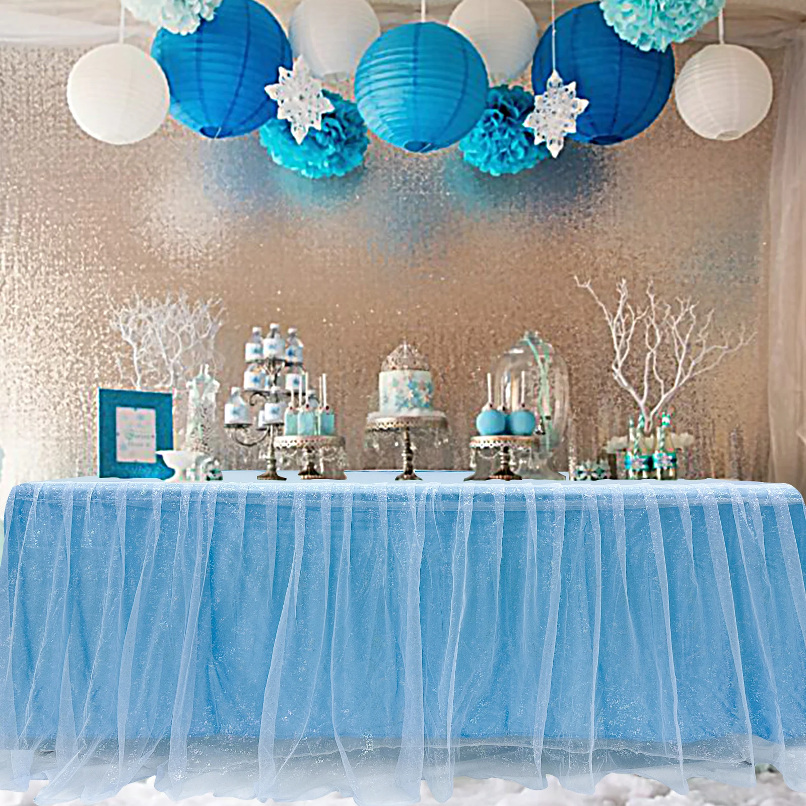 1Pcs Table Skirt Tulle Table Skirts for Rectangle Tables 6ft Desk Skirt Decorations for Baby Shower Wedding Party Gender Reveal