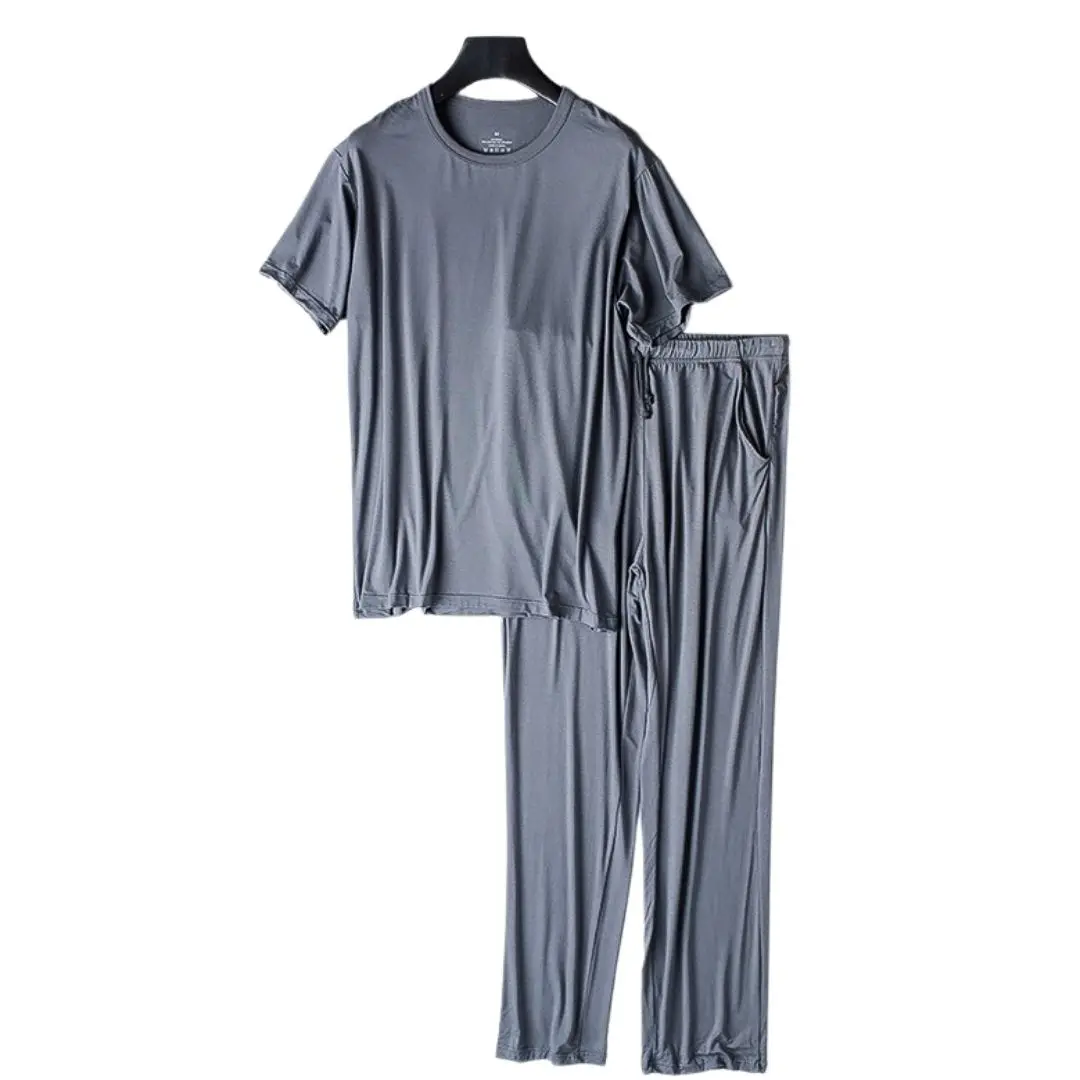 

Summer Men's Pajamas Suit Modal Solid Short-Sleeved Trousers Thin Homewear Suit Round Neck Plus-Sized Men Sleepwear Pijamas