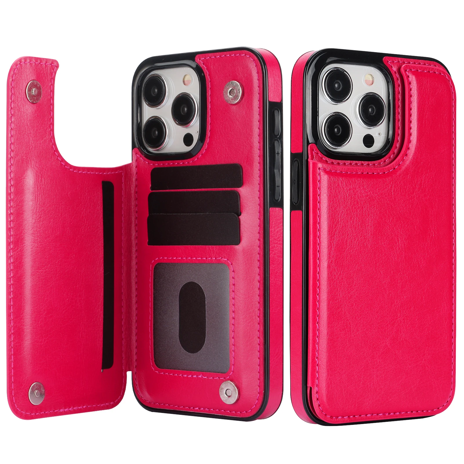 Elegant Solid Color Leather Wallet Case with Double Buckle and Card Slot