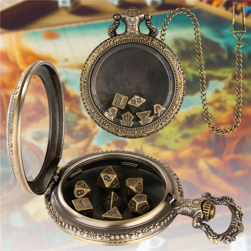 Antikes transparentes Taschenuhrengehäuse mit 7 Teile/satz Polyedrische Metallwürfel Rollenspiel Gaming Würfel Anhänger Kette Gaming Würfel – Detail 1
