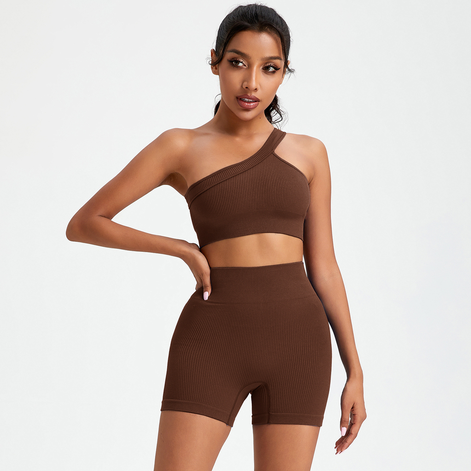 2Pcs Women Threaded Yoga Sets Workout Clothes High Waist Yoga Shorts And  One-Shoulder Sports Bra Short Gym Sets Summer