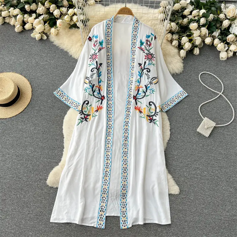 

Retro Long Sun Protection Clothing Women's 2022 New Summer Shawl Ladies Loose Boho Chiffon Cardigan Embroidery Tunic Tops h853