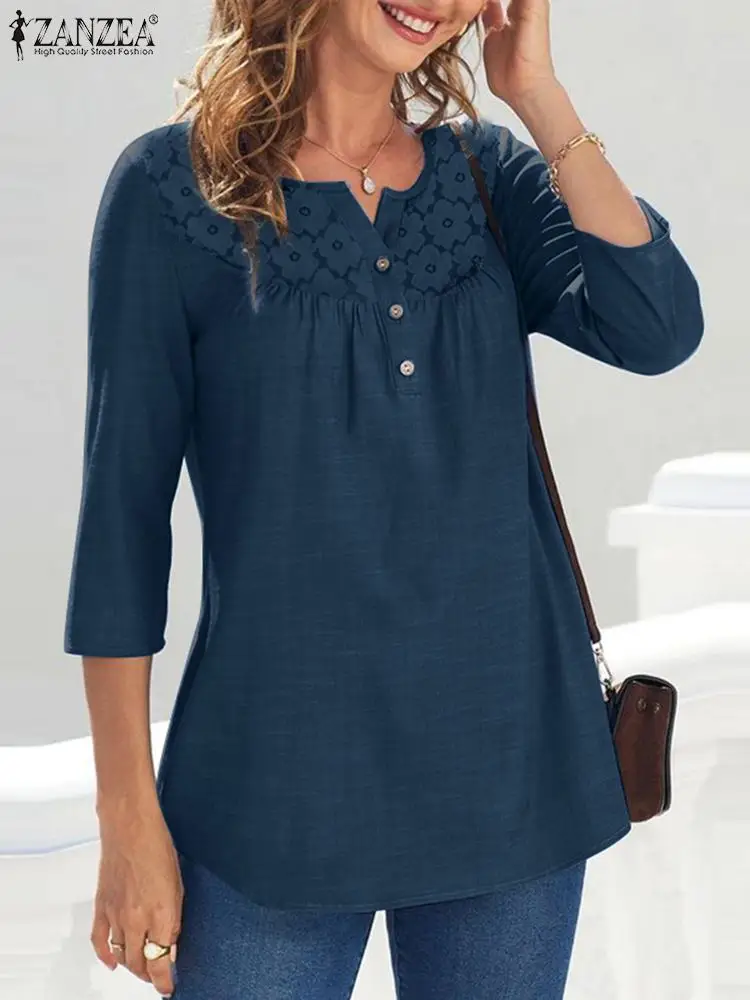 

ZANZEA Ladies Elegant Shirt Stylish 3/4 Sleeve Blouse Lace Patchwork Tops Summer Woman Casual Holiday Chemise 2023 Oversized