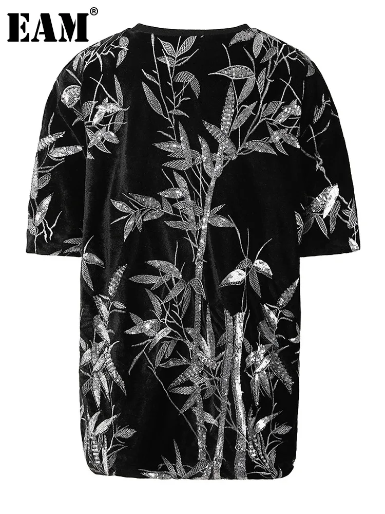 

Женская Повседневная футболка EAM, черная футболка с вышивкой и блестками, с круглым вырезом и коротким рукавом, большие размеры, весна-лето 2024
