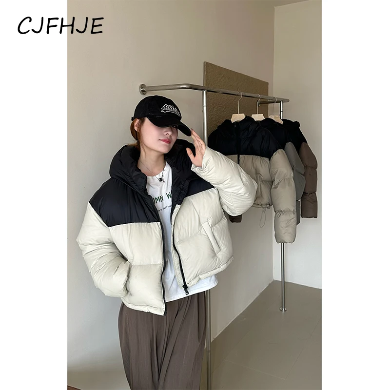 

CJFHJE Short Hooded Parkas Women Streetwear Patchwork Cropped Down Coats Korean Thick Puffer Jacket Winter Cotton Padded Outwear