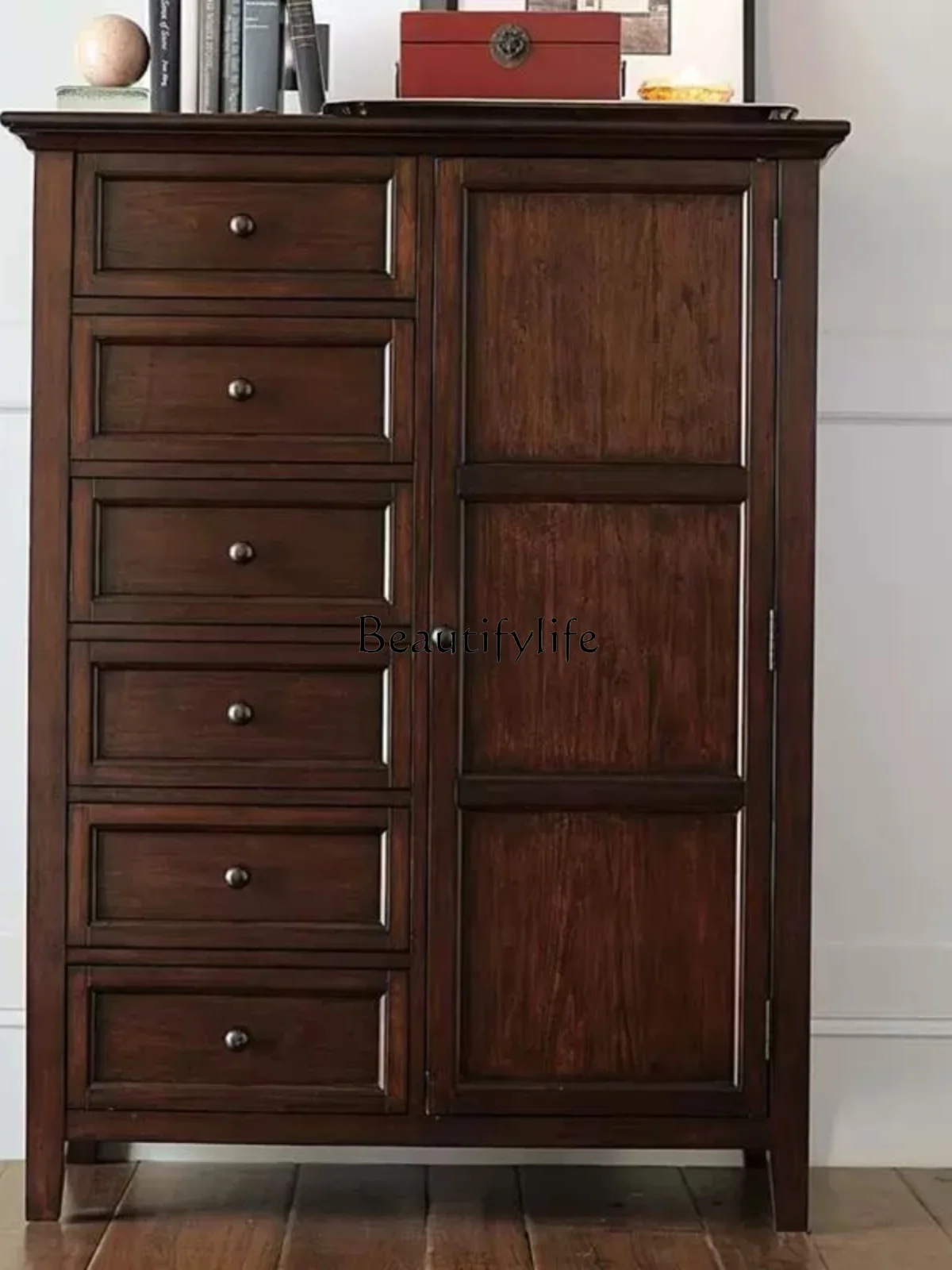 

American Country Solid Wood Simplicity Bedroom Multi-Functional Ash Single Door Drawer Storage Cabinet