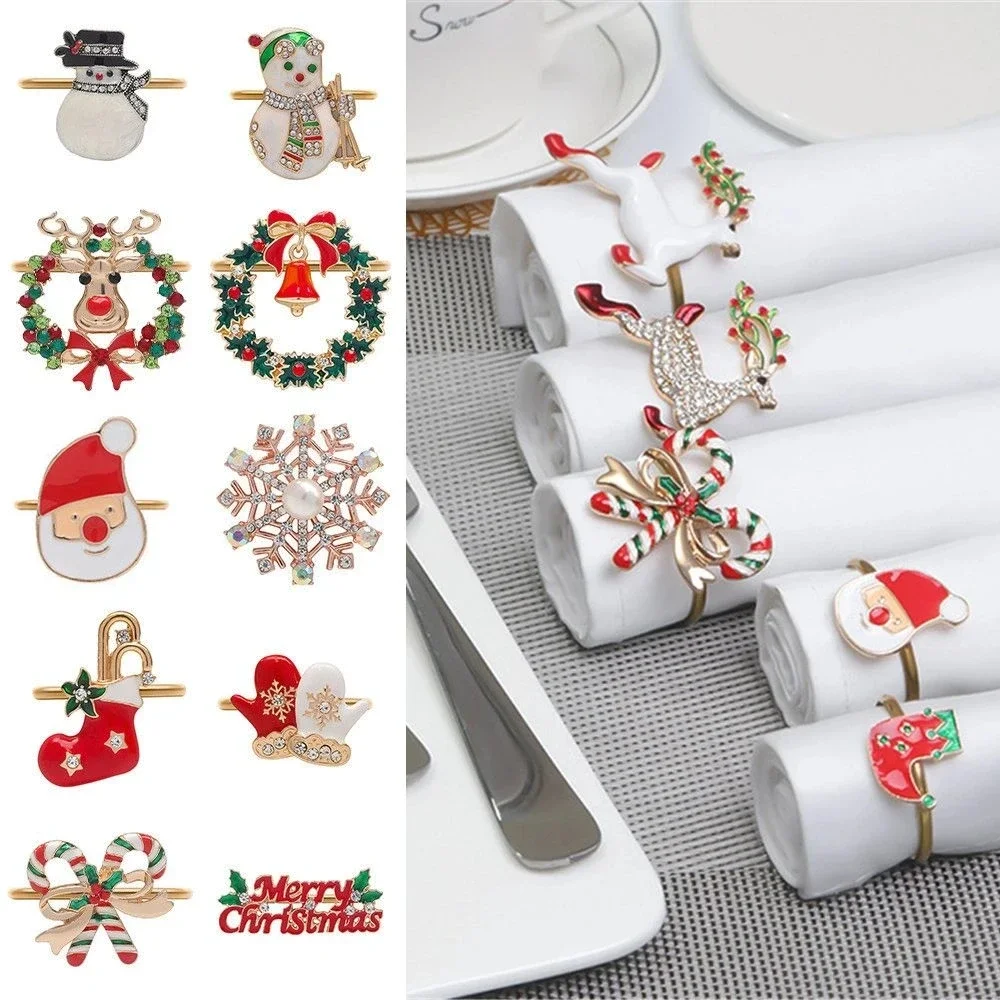 Christmas Napkin Ring Holder Xmas Banquet Hotel Table Decoration Metal Christmas Tree Napkin Buckle Deer Snowflake Tissue Ring