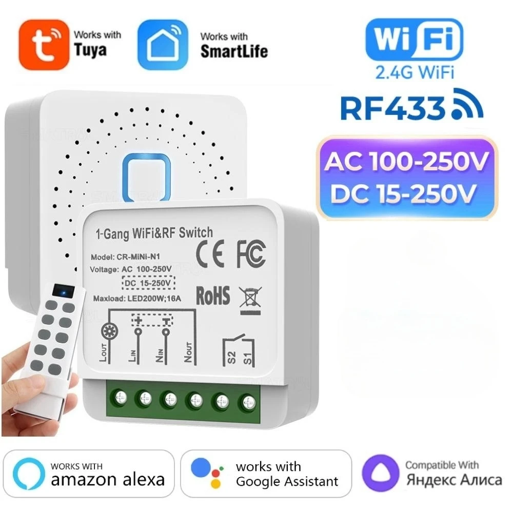 

Tuya WiFi RF433 16A AC/DC Smart Wireless Mini Switch Module Light Timer Breaker Relay Voice Control with Google Home Alexa