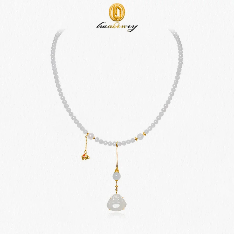 

Natural Myanmar Ice Jade A-Grade Buddha Gong Pendant Necklace With Female Pearl Enamel Color Pure Silver Plated Gold