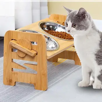 Pet Double Feeding Bowl Tilt Elevated Pet Puppy Feeding Double Dishes Adjustable Height Dog Stainless Steel Bowls With Stand For 1