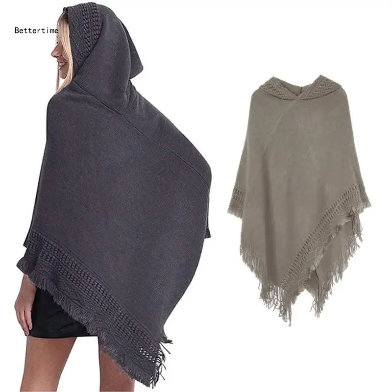 

B36D Women Winter Warm Knitted Hooded Poncho Cape Solid Color Crochet Fringed Tassel Shawl Wrap Oversized Pullover Cloak Sweater