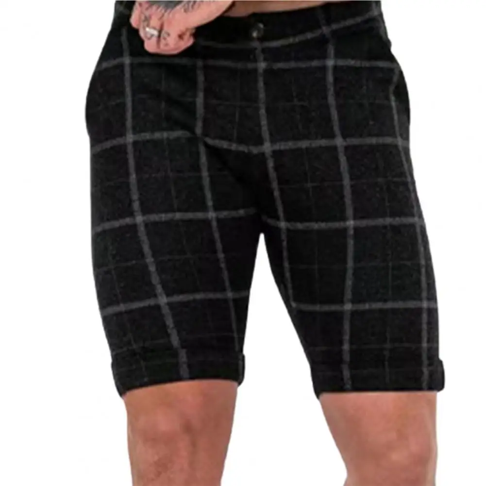 

Men Shorts Plaid British Style Knee Length Mid Waist Men Pants for Daily Wear