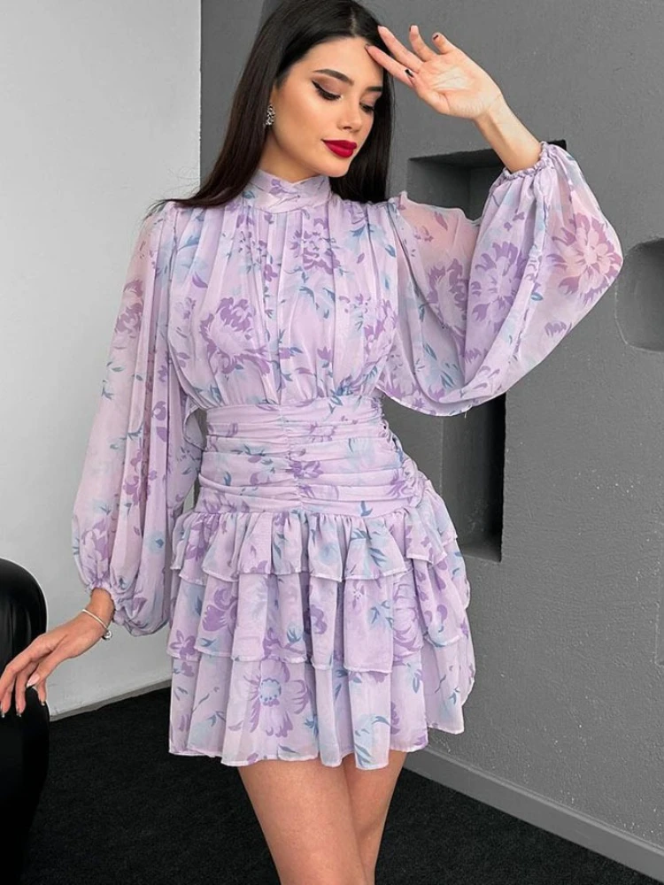 여성용 레트로 잉크 프린트 스탠딩 넥 타이업 버블 슬리브, 싱글 브레스트, 짧은 원피스, 템퍼러먼트 패션, 2024 용수철 신상