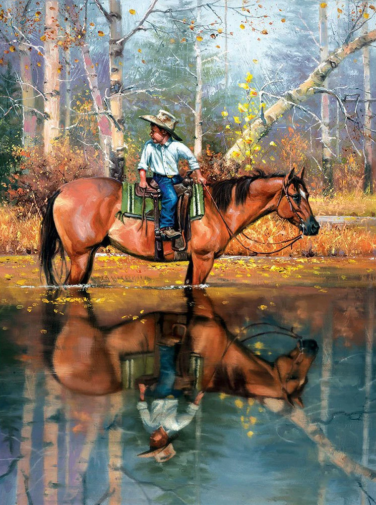 5D Handmade Diamond Painting Cowboy and Horse Picture Full Square Round Diamond Number of Mosaic Embroidery Home Wall Decor Gift 