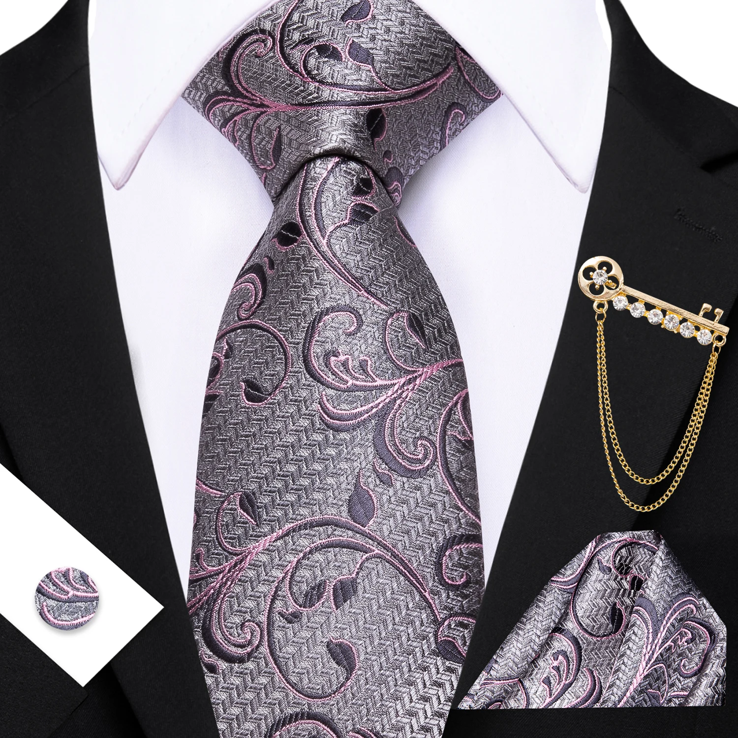 Klassisches Krawatten-Set für Herren mit Blumenmuster, Grau, Rosa, Königsblau, passender Einstecktuch und Manschettenknöpfe, lässige Krawatten-Accessoires – Detail 7